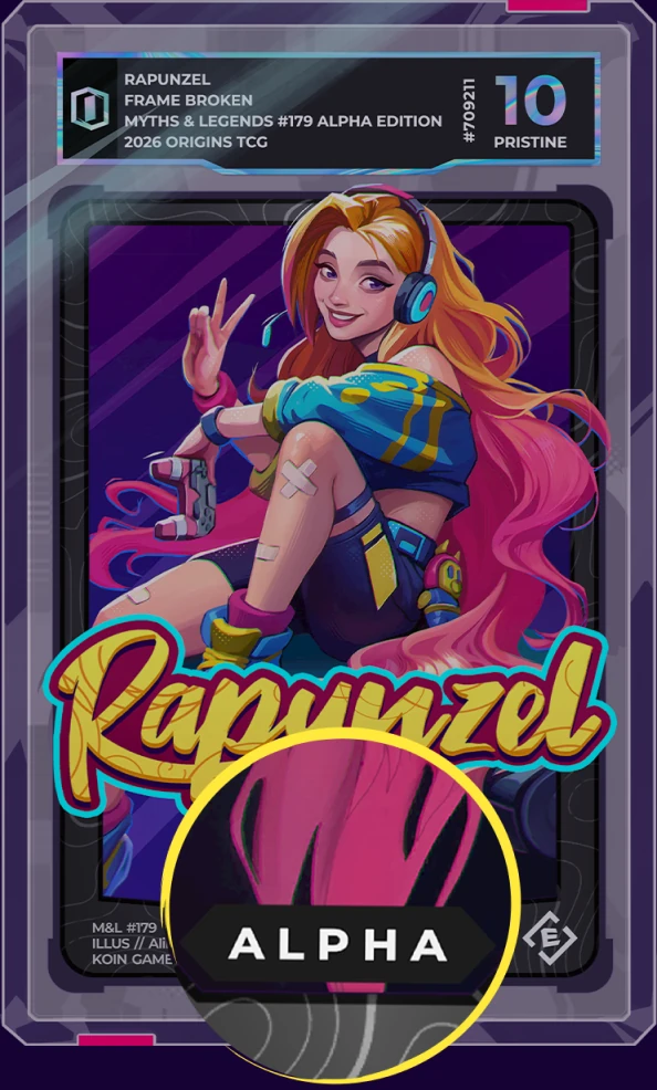 Graded Alpha Edition Rapunzel card, PRISTINE 10, with its ALPHA tab magnified