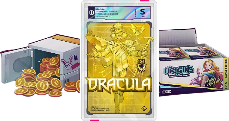 Tournament prizes: a graded Dracula card, a vault of gold coins and a sealed booster box