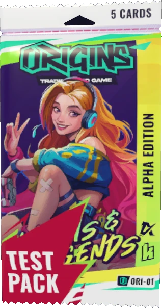 A single Origins Alpha Edition booster pack over the Origins in-game battle board mid-match